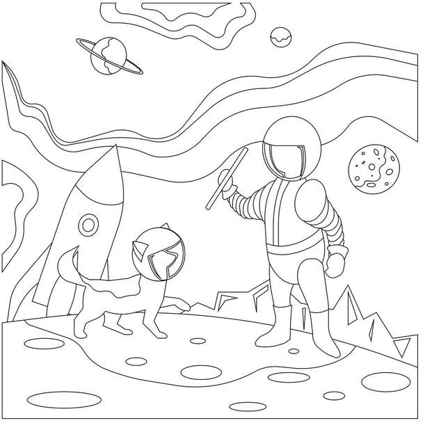 Astronaut and his dog in space suits walking on surface of Moon made as a black contour on white isolated background, vector illustration for hand drawn activity, anti-stress coloring pages and drawing. - ベクター画像