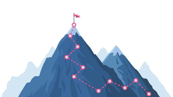 山の進行経路。登山の進歩ルート、山のピークを克服し、上のベクトル図に赤い旗を持つ登山道 - ベクター画像