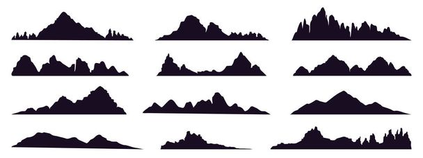 Silueta de las montañas. Montaña pico, cumbres colinas, berg y silueta valle de montaña, Tibet o Alpes montañas bosquejo vector ilustración conjunto - Vector, imagen