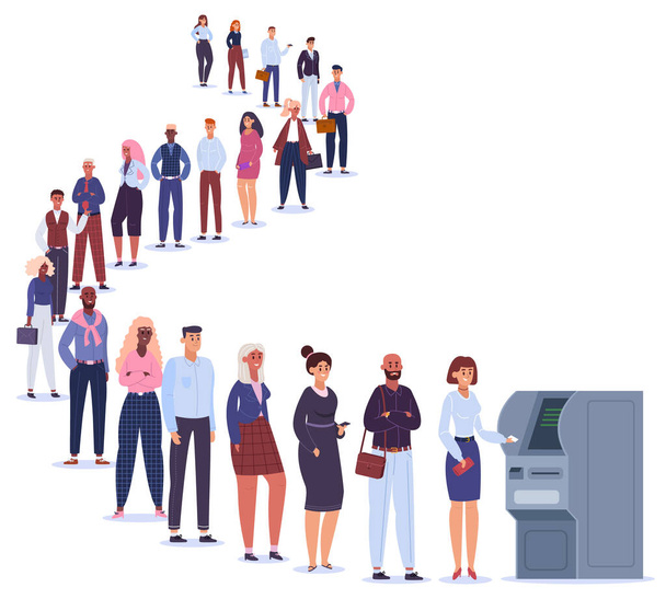 People in ATM line. Male and female characters in queue wait for terminal transaction, banking payment line to ATM machine vector illustration - Vector, Image
