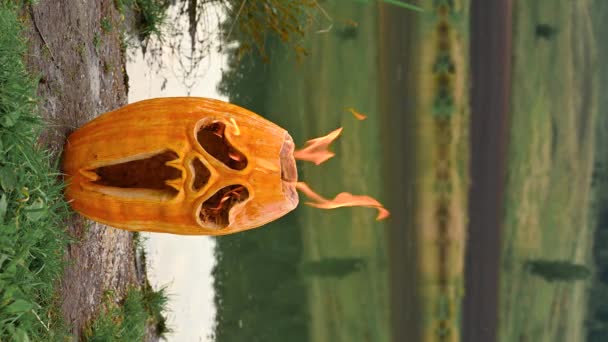 Halloween horror concept. Halloween pumpkin is burning on the shore of the pond. - Footage, Video