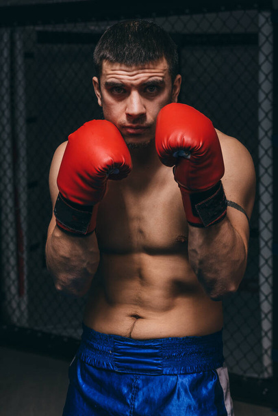 Atletyczny trening bokserski w bokserskim studio, stojący w pozycji defensywnej. - Zdjęcie, obraz