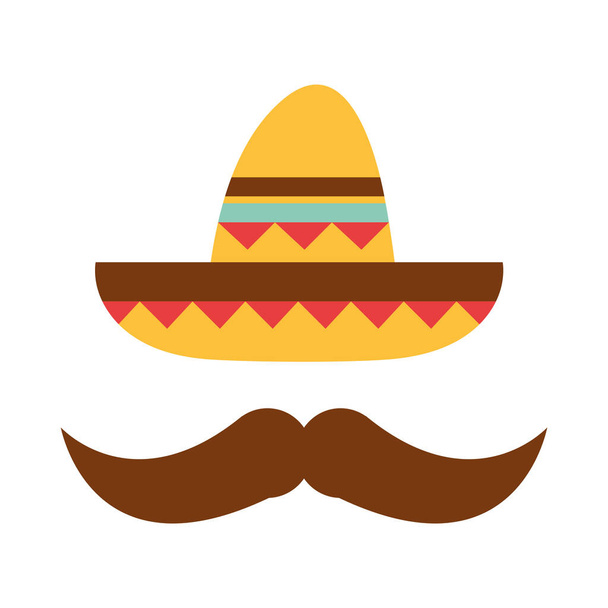mexicana sombrero bigode roupas folk cultura tradicional plana ícone - Vetor, Imagem