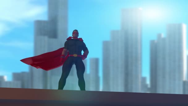 Süper kahraman şehri izliyor. 3 boyutlu canlandırma. - Video, Çekim