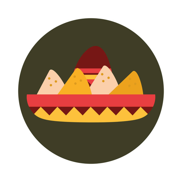 sombrero mexicano con nachos bloque de bocadillos de alimentos e icono plano - Vector, Imagen