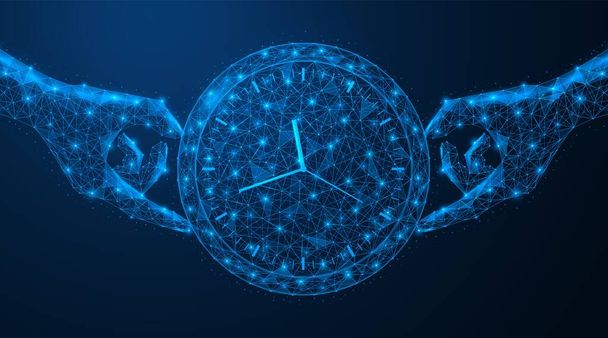 Hands holding the watch. The concept of time management. Reminder of the deadline for completing tasks. Low-poly construction of lines and points. Blue background. - Vector, Image