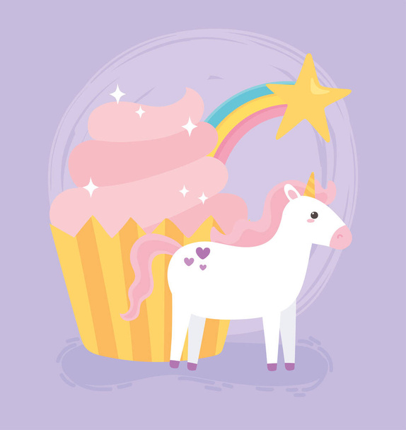aranyos mágikus egyszarvú rózsaszín cupcake szivárvány csillag állat rajzfilm - Vektor, kép