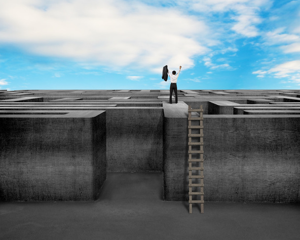Cheered businessman climbing on top of Maze wall with sky - Photo, Image