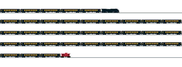 Un tren de pasajeros va y viene en la página con un motor en la parte delantera y una cola en la parte trasera. - Foto, Imagen