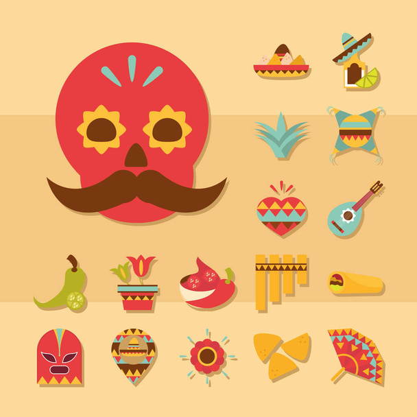 meksykańskie ikony zestaw dekoracji uroczystości świąteczne czaszki tradycyjny płaski design - Wektor, obraz