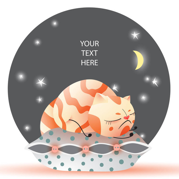 Aranyos illusztráció alvó macskáról egy párnán. Sötét éjszakai égbolt holddal és csillagokkal. Vektor eps10 formátum. - Vektor, kép