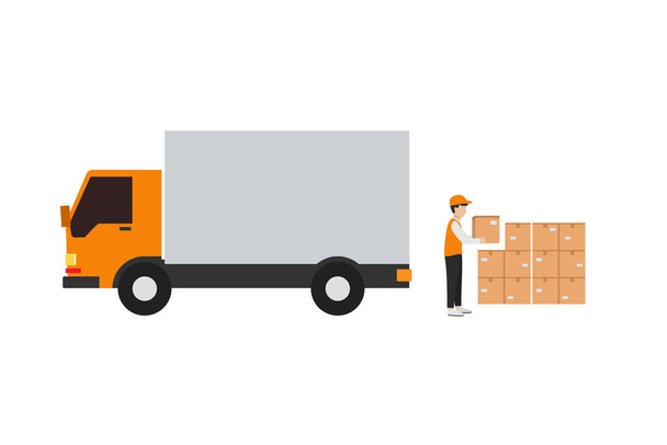 flat design of courier loading goods to truck for delivery to destination address isolated on white background - Vector, Image