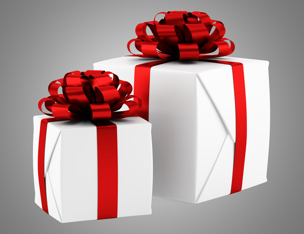 Geschenkboxen mit roten Bändern isoliert auf grauem Hintergrund - Foto, Bild