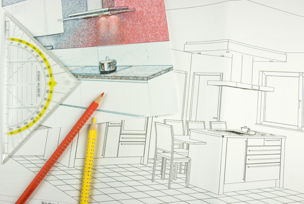 Planeje rabiscos de uma cozinha moderna equipada
 - Foto, Imagem