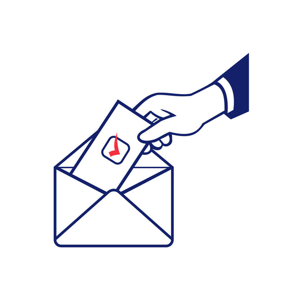 Ретро-иллюстрация руки избирателя, помещающего бюллетень или голосование в почтовый конверт для голосования на изолированном фоне. - Вектор,изображение