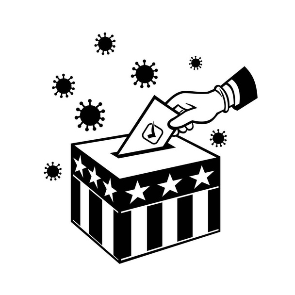 Retro style illustration of an American voter with glove hand voting during pandemic covid-19 coronavirus lockdown putting vote into ballot box with USA stars and stripes flag in black and white. - Vector, Image