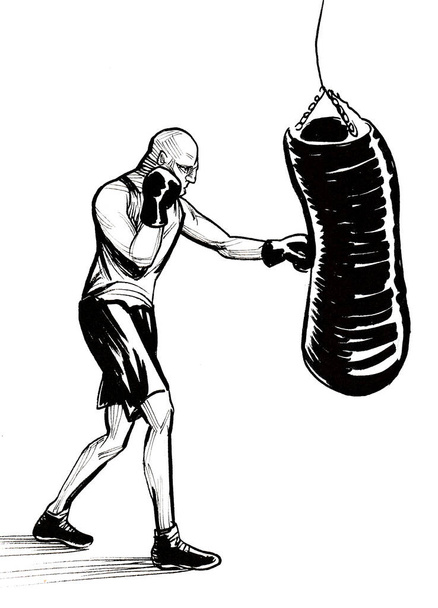 Boxeador con saco de boxeo. Dibujo en blanco y negro de tinta - Foto, Imagen