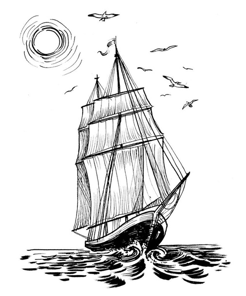 Zeilschip en meeuwen. Inkt zwart en whit edrawing - Foto, afbeelding