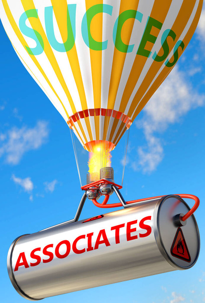 Asociados y éxito - representado como la palabra Asociados y un globo, para simbolizar que los Asociados pueden ayudar a lograr el éxito y la prosperidad en la vida y los negocios, ilustración 3d - Foto, Imagen