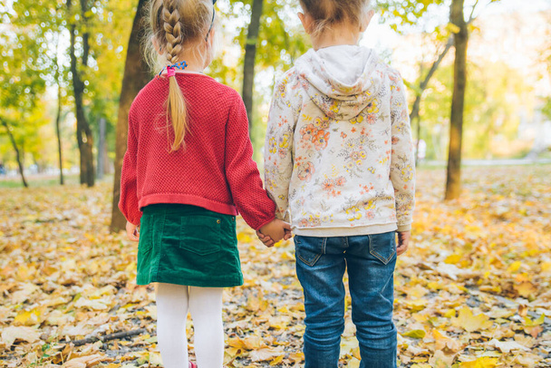 dwie dziewczynki dziewczyny grać w jesiennym parku miejskim trzymając za ręce działalności - Zdjęcie, obraz