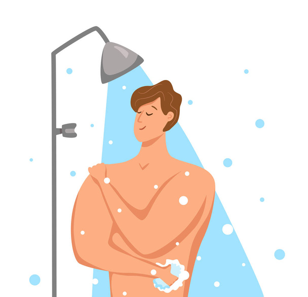 Man taking shower in bathroom. Vector illustration of happy guy washing himself with shampoo and soap. - Vektor, Bild