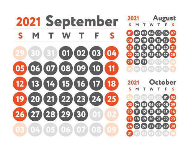 Syyskuu 2021 kalenteri. Suunnittelija suunnittelu. Englantilainen kalenteri. Punainen väri vektori malli. Viikko alkaa sunnuntaina. Liiketoiminnan suunnittelu.  - Vektori, kuva