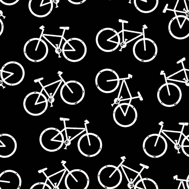 Mountain bikes seamless vector background. Bicycle pattern repeat white on black. Distressed grunge style. Monochrome hipster sport design for fabric, wrapping, sports wear, jersey, flyers. - Vektor, kép