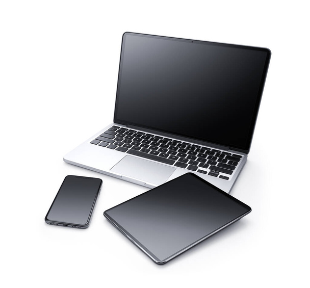 Laptop, tablet ve akıllı telefon beyaz arkaplanda izole edildi - Fotoğraf, Görsel