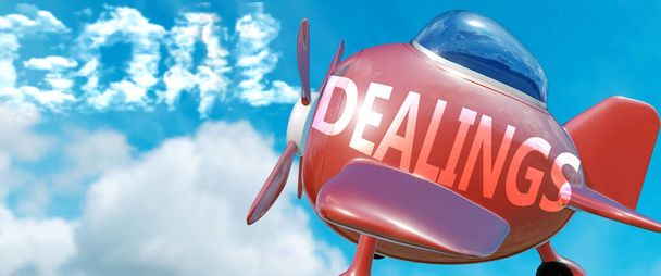 Dealings helpt een doel te bereiken - afgebeeld als woord Dealings in clouds, om te symboliseren dat Dealings kan helpen bij het bereiken van het doel in het leven en het bedrijfsleven, 3d illustratie - Foto, afbeelding