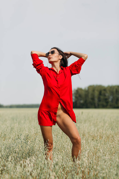 A young beautiful girl with a good figure, standing among a spacious field, she is wearing one red dress, autumn colors are all around! - Zdjęcie, obraz