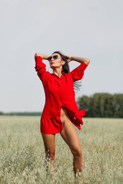 A young beautiful girl with a good figure, standing among a spacious field, she is wearing one red dress, autumn colors are all around! - Foto, imagen