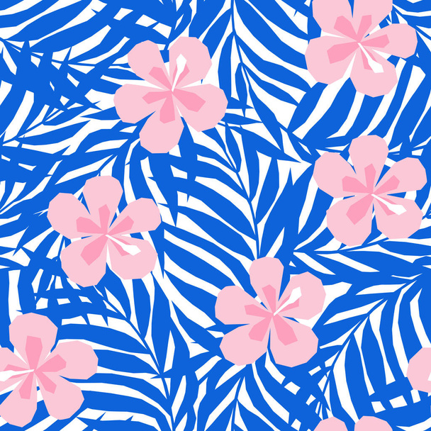 Patrón sin costura vectorial en estilo apliques con hojas de palma tropical y flores - Vector, Imagen