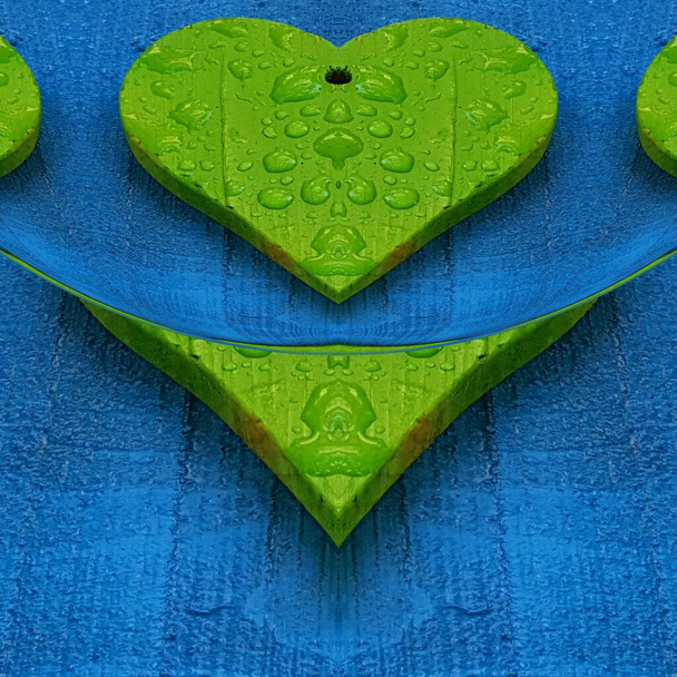 Mavi arkaplan desenlerinde gözyaşı damlaları olan canlı yeşil kalp varyasyonları ve tasarımlar - Fotoğraf, Görsel