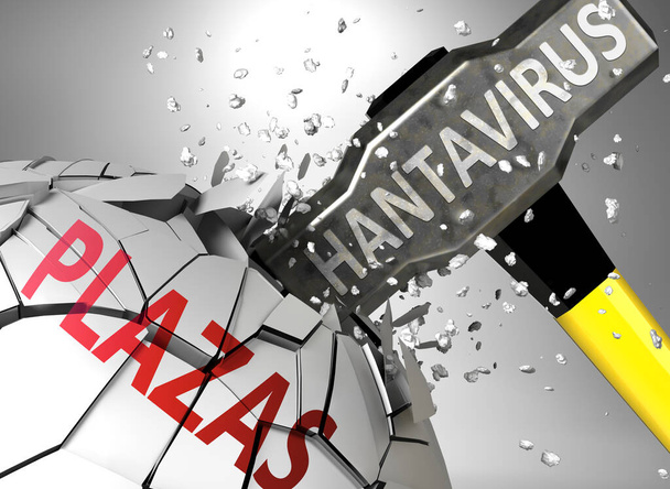 Plazas and hantavirus, symbolized by virus destroying word Plazas to picture that hantavirus affects Plazas and leads to crisis and  recession, 3d illustration - Photo, Image