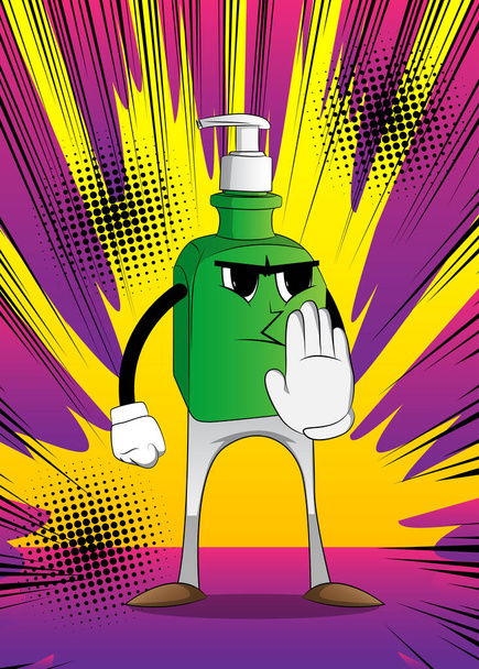 Cartoon bottle of hand sanitizer gel with face showing deny or refuse hand gesture. - Vector, Image