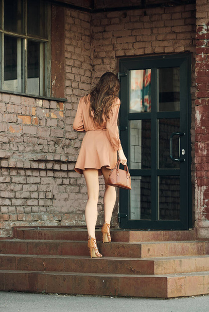 Back view of pretty young woman climbing the stairs of old building - Фото, зображення