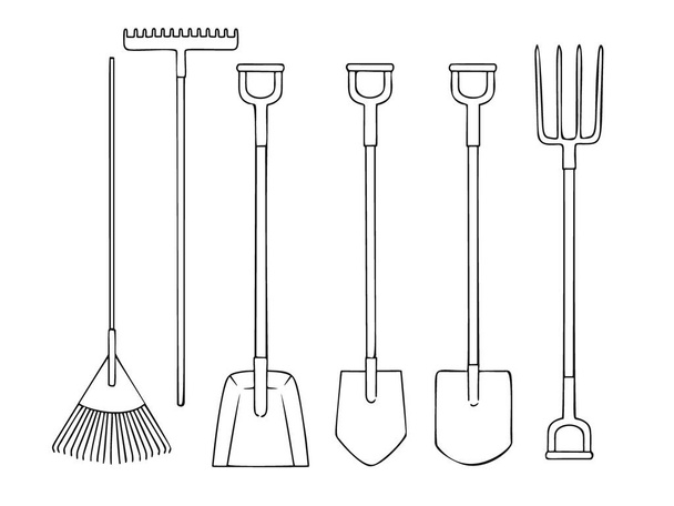 Set of different garden tools. Shovel, rake, pitchfork, spade isolated on a white background. Vector illustration in sketch style. - Διάνυσμα, εικόνα