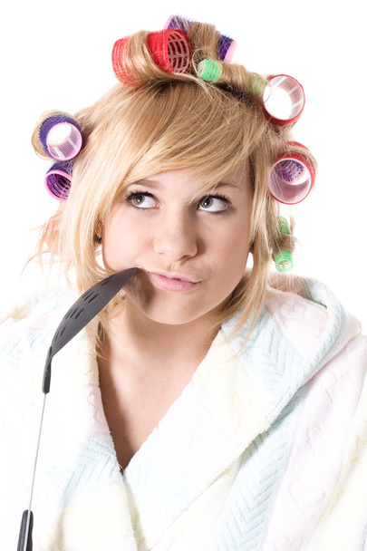 Funny housewife with curlers - Valokuva, kuva