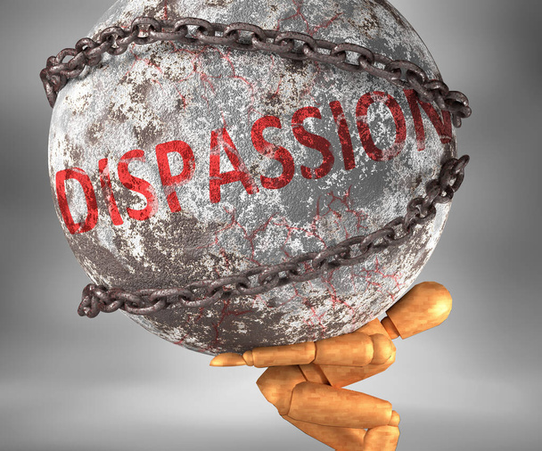 Dispassion e difficoltà nella vita - raffigurato dalla parola Dispassion come un peso pesante sulle spalle per simboleggiare Dispassion come un peso, illustrazione 3d - Foto, immagini