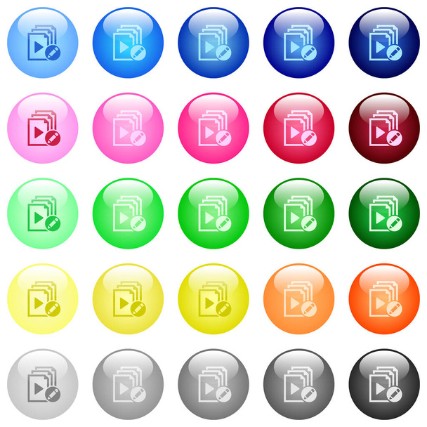 Renommer les icônes playlist dans un ensemble de 25 boutons sphériques brillants de couleur - Vecteur, image