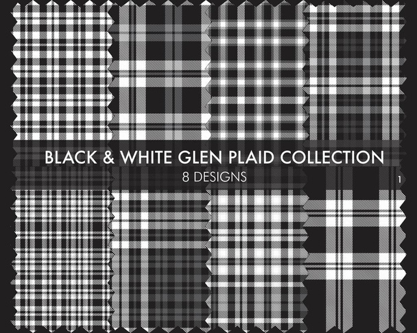 Black and White Glen Plaid Tartan seamless pattern collection includes 8 designs for fashion textiles and graphics - Vector, Image