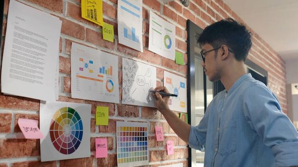 Азіатський творчий чоловік пише бізнес-план, Азія офісні чоловічі нотатки ідеї про паперову роботу з концентрацією на офісній стіні, творча професія, бізнес-стратегія мозковий штурм концепції - Фото, зображення