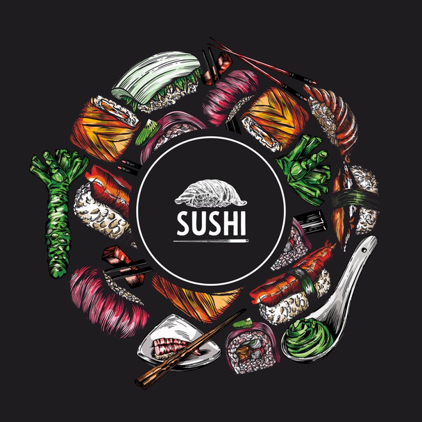 Raster graphics of sushi, rolls, seafood, banner sketches. Pattern, print, menu cover. High detail, high-quality drawing, line drawing. - Fotografie, Obrázek