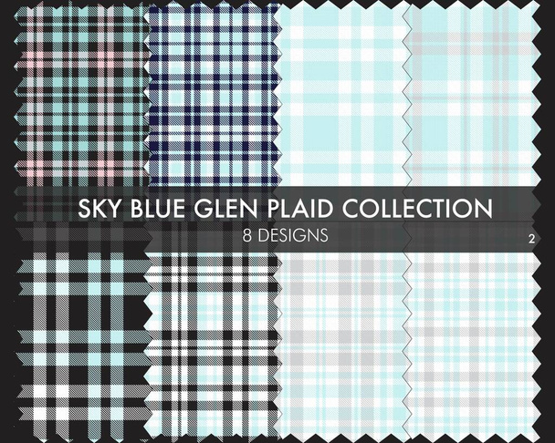 Sky Blue Glen Plaid Tartan naadloze patroon collectie bevat 8 ontwerpen voor mode textiel en graphics - Vector, afbeelding