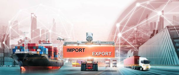 Global business logistics import export concept, container truck, ship in port and freight cargo plane in transport, logistics network distribution, online goods orders - Fotografie, Obrázek