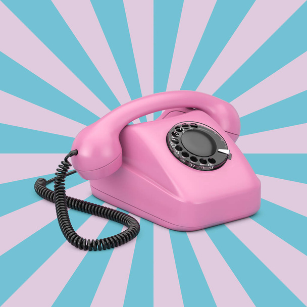 Teléfono giratorio de estilo vintage rosa sobre un fondo rosa y azul con forma de estrella vintage. Renderizado 3d - Foto, Imagen
