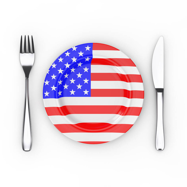 American Food or Cuisine Concept. Fork, Knife and Plate with USA Flag on a white background. 3d Rendering - Foto, Bild