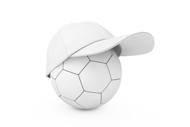 Bola de futebol branco de couro com boné de beisebol de moda branca em um fundo branco. Renderização 3d - Foto, Imagem