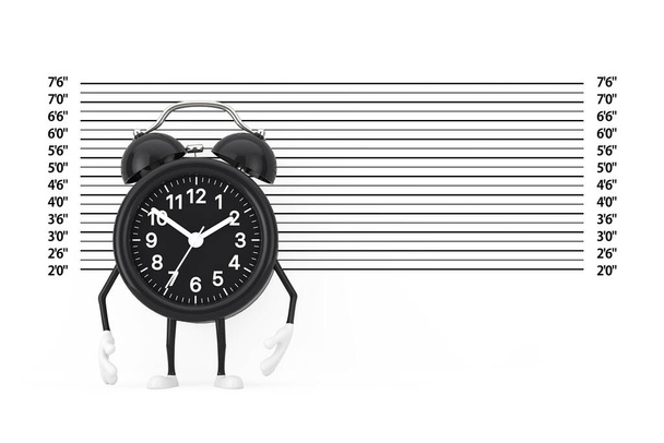 Black Alarm Clock Character Mascote na frente de Lineup Polícia ou Mugshot fundo extremo closeup. Renderização 3d - Foto, Imagem
