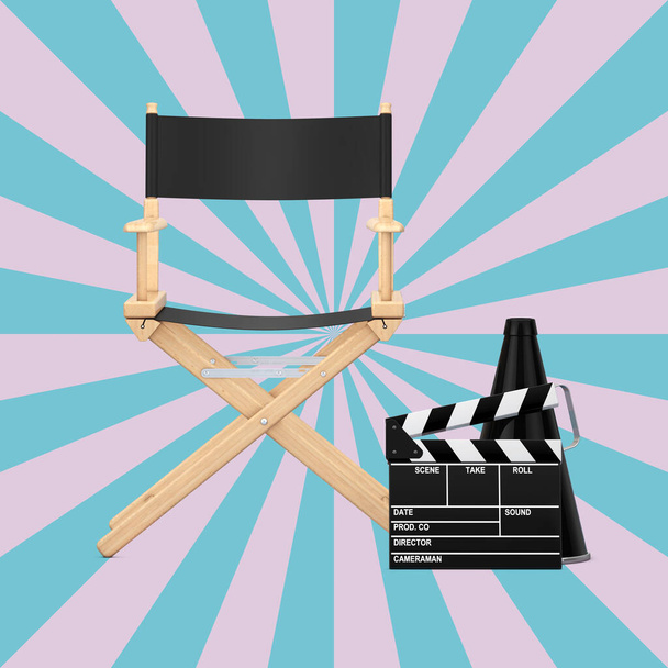 Regiestuhl, Filmklapper und Megaphon auf rosa und blauem Hintergrund. 3D-Darstellung - Foto, Bild